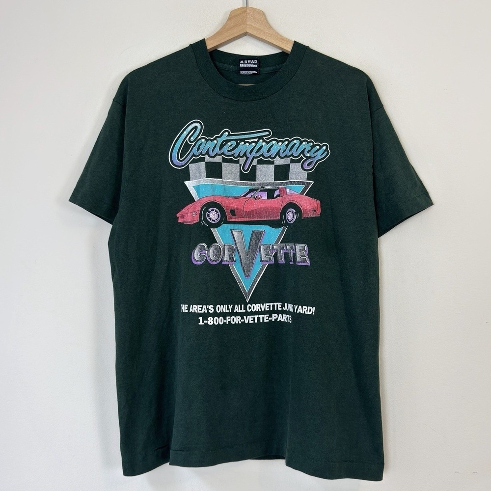 Vintage 90's Corvette Junk yard Car Art Green Single Stitch Tee Shirt - Large